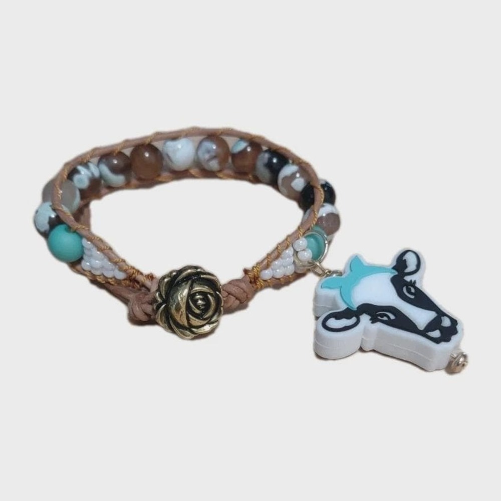 Prairie Rose Cow Charm Beaded Leather Bracelet